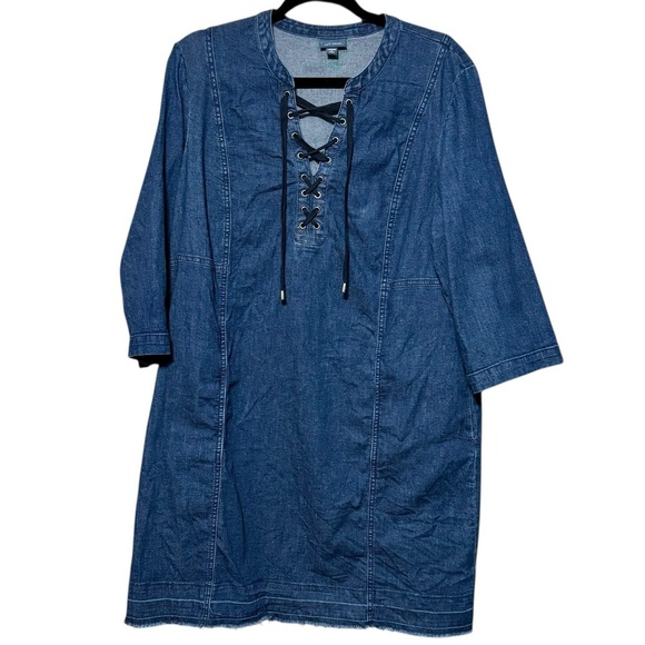 J.Jill Denim Lace Up Neckline Raw Frayed Hemline 3/4 Sleeve Cotton Dress - Picture 2 of 12